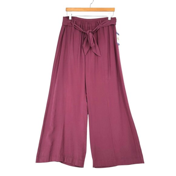 Easel Womens L Plum Mineral Wash Wide Leg Pants Elastic Waist Belted Relaxed Fit - Picture 1 of 16